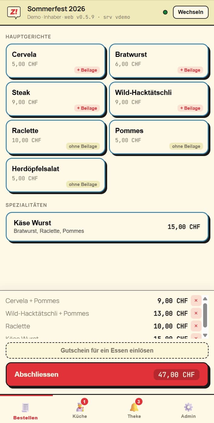 Zack-Bestellansicht auf dem Handy mit dem Festmenü und den Preisen je Gericht